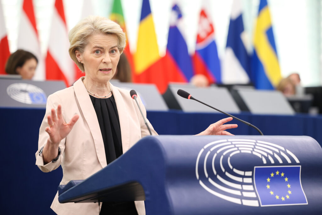 Ursula von der Leyen, head of the European Commission, speaking in Strasbourg in April 2025