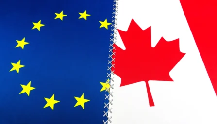 Euroepan and Canadian flags displayed next to each other as a symbol of unity