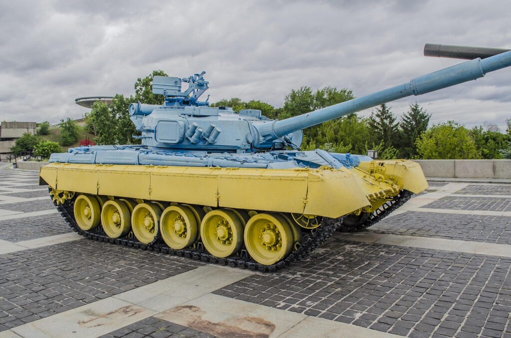 A tank painted in Ukrainian glag colours as a symbol of the country's armed resistance to Russian aggression.