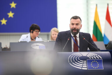 Italian MEP Alessandro Zan speaking in the European Parliament.