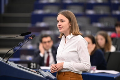 Anna Stürgkh speaking in the European Parliament.