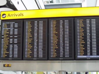 Arrivals board with cancelled flights.