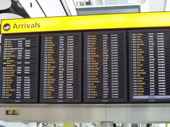 Arrivals board with cancelled flights.