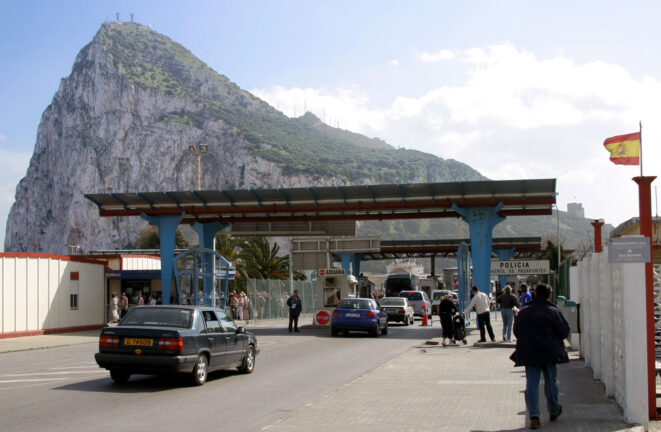Border crossing between Spain and Gibraltar, with the Rock in background. Photo: Wikipedia
