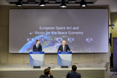 On 25 June 2025, Andrius Kubilius, European Commissioner for Defence and Space, gives a press conference on the EU Space Act.