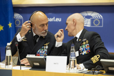 Exchange of views with Admiral Giuseppe Cavo Dragone, Chair of the NATO Military Committee (left) at SEDE meeting in the European Parliament