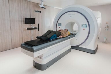 a patient in a hospital X-ray tunnel