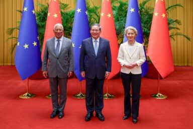 António Costa, Li Qiang, and Ursula von der Leyen (left to right) at the EU-China summit in Beijing