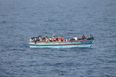 A ramshackle boat full of migrants off the coast of Libya