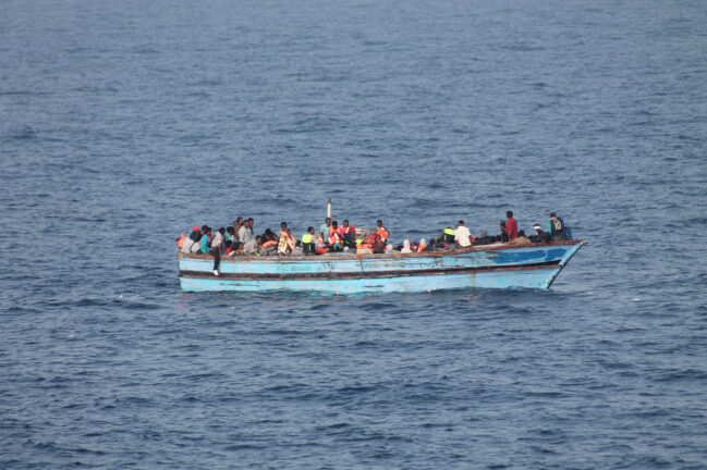 A ramshackle boat full of migrants off the coast of Libya