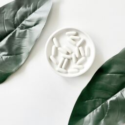 white pills in a bowl, pictured with green leaves