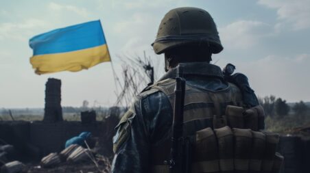 a soldier and Ukrainian flag