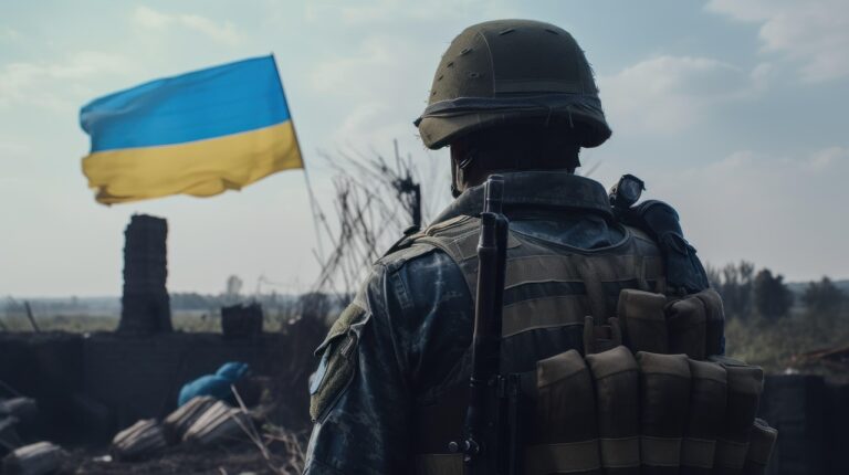 a soldier and Ukrainian flag