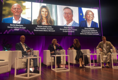 Speakers at Bruegel’s Annual Meeting debate "Rekindling EU Digital Productivity Growth". From left to right: Bertin Martens, Henna Virkkunen, Nanna-Louise Linde, Clark Parsons. Photo: Bruegel Bluesky
