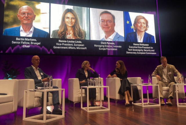 Speakers at Bruegel’s Annual Meeting debate "Rekindling EU Digital Productivity Growth". From left to right: Bertin Martens, Henna Virkkunen, Nanna-Louise Linde, Clark Parsons. Photo: Bruegel Bluesky