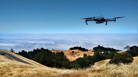 drone over hilly landscape