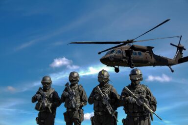 four soldiers and a copter