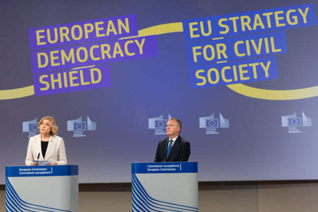 Henna Virkkunen and Michael McGrath press conference on the European Democracy Shield and the EU Strategy for Civil Society. Photo: Euopean Commission