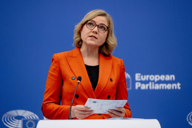 Henna Virkkunen during a press conference on the Cybersecurity Act at the European Parliament,. Photo: EC
