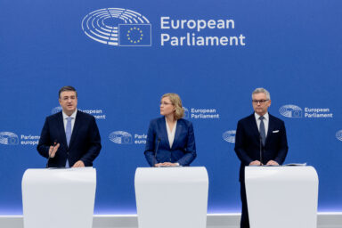 Press conference by Apostolos Tzitzikostas, left, Henna Virkkunen, center, and Magnus Brunner, right, on the action plan on drone security and counter-drone security at European Parliament in Strasbourg, France.