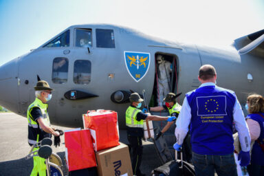 Military airplane carrying protective masks lands in Milan as part of Operation rescEU, April 2020