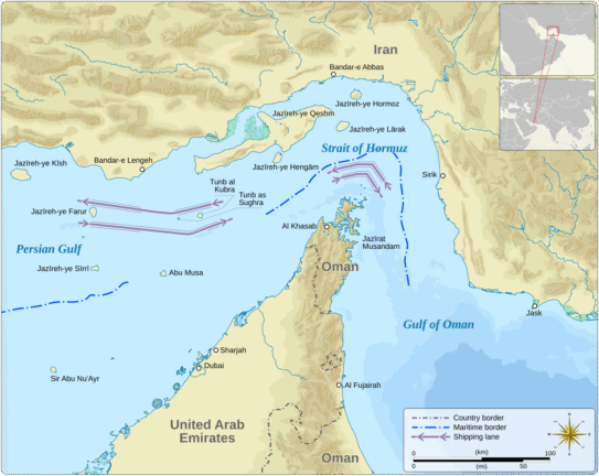 Map of the Strait of Hormuz showing shipping lanes between Iran, Oman, and the United Arab Emirates