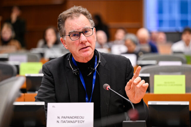 MEP Nikos Papandreou speaking at a European Parliament committee meeting