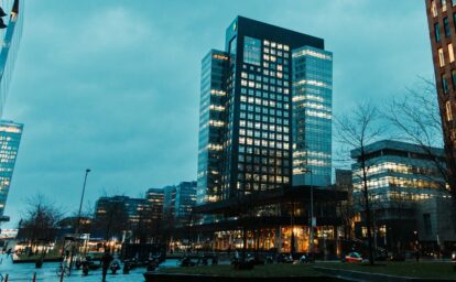 Office towers at Amsterdam Zuid financial district at dusk