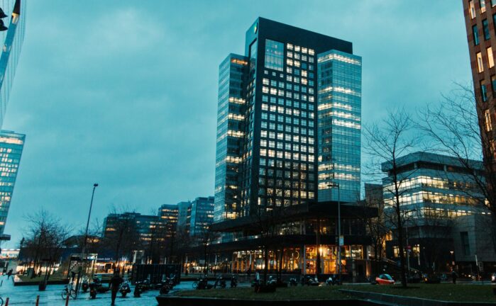 Office towers at Amsterdam Zuid financial district at dusk