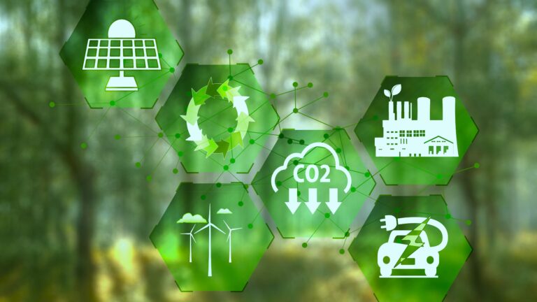 Symbols of clean energy on a green background