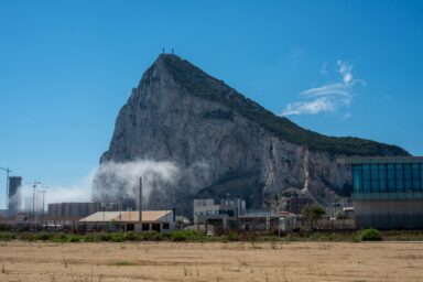 Rock of Gibraltar with border infrastructure in the foreground
