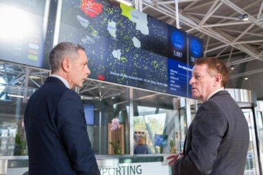 Discussion between, Eamonn Brennan, Director General of Eurocontrol, on the right, and François Arbault, Director and Coordinator for Defence of Directorate "Defence Industry" of DG Defence Industry and Space of the European Commission