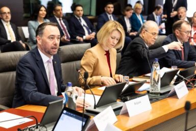 Belgian Foreign Minister Maxime Prevot and High Representative Kaja Kallas at a ministerial meeting in Brussels.
