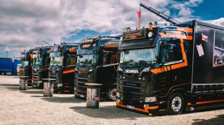 A row of parked trucks