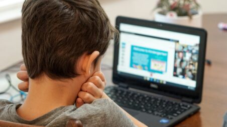 A young boy sitting in front of a laptop, looking at the screen