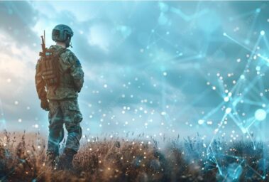 solider against a futuristic backdrop