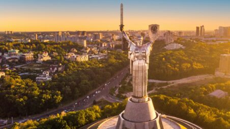 Aerial view of Kyiv with the towering Mother Ukraine monument