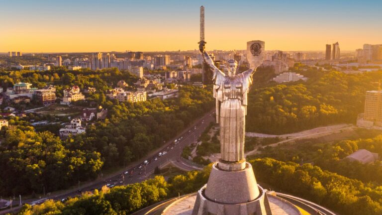Aerial view of Kyiv with the towering Mother Ukraine monument