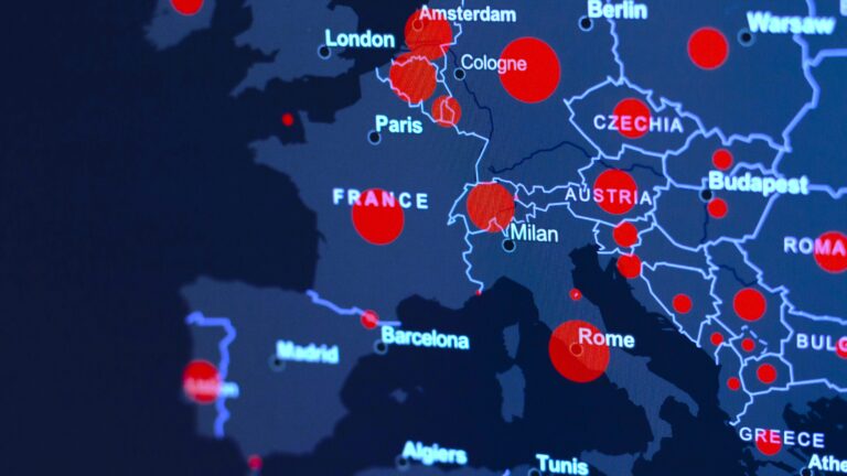 A dark digital map of Europe displaying red surveillance-style data points across major cities and countries