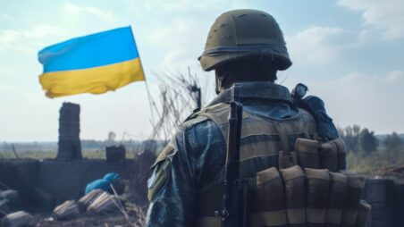 A Ukrainian soldier on the battlefield looking towards a Ukrainian flag