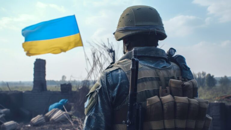 A Ukrainian soldier on the battlefield looking towards a Ukrainian flag