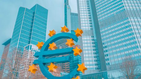 Euro sculpture in front of the former European Central Bank building in Frankfurt