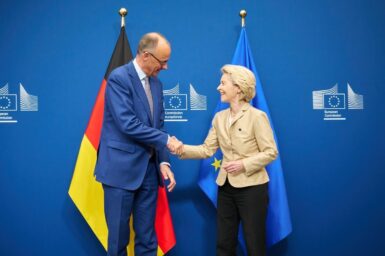 German Chancellor Friedrich Merz and European Commission President Ursula von der Leyen shaking hands at the European Commission in Brussels.