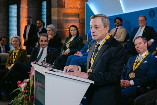 Mario Draghi speaking at the Charlemagne Prize ceremony in Aachen, May 2026