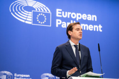 Malik Azmani speaking at a press conference at the European Parliament
