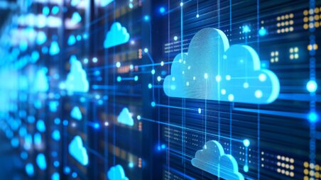 Glowing cloud icons connected across a network of servers