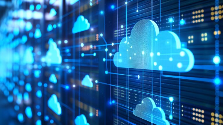 Glowing cloud icons connected across a network of servers
