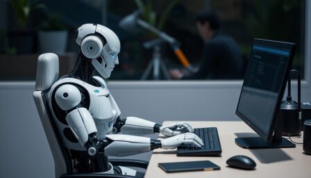 Humanoid robot sitting at a desk typing on a computer