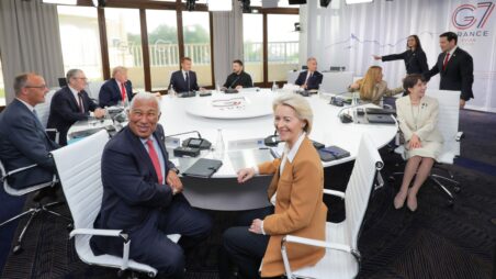 Friedrich Merz, Keir Starmer, António Costa, Donald Trump, Emmanuel Macron, Mark Carney, Ursula von der Leyen, Giorgia Meloni and Sanae Takaichi