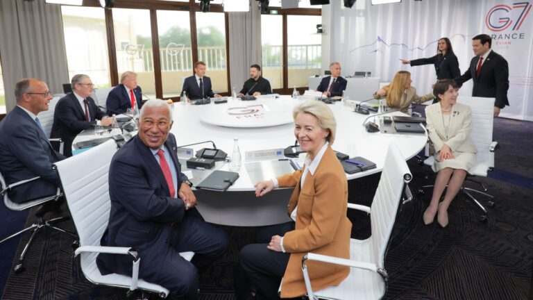 Friedrich Merz, Keir Starmer, António Costa, Donald Trump, Emmanuel Macron, Mark Carney, Ursula von der Leyen, Giorgia Meloni and Sanae Takaichi